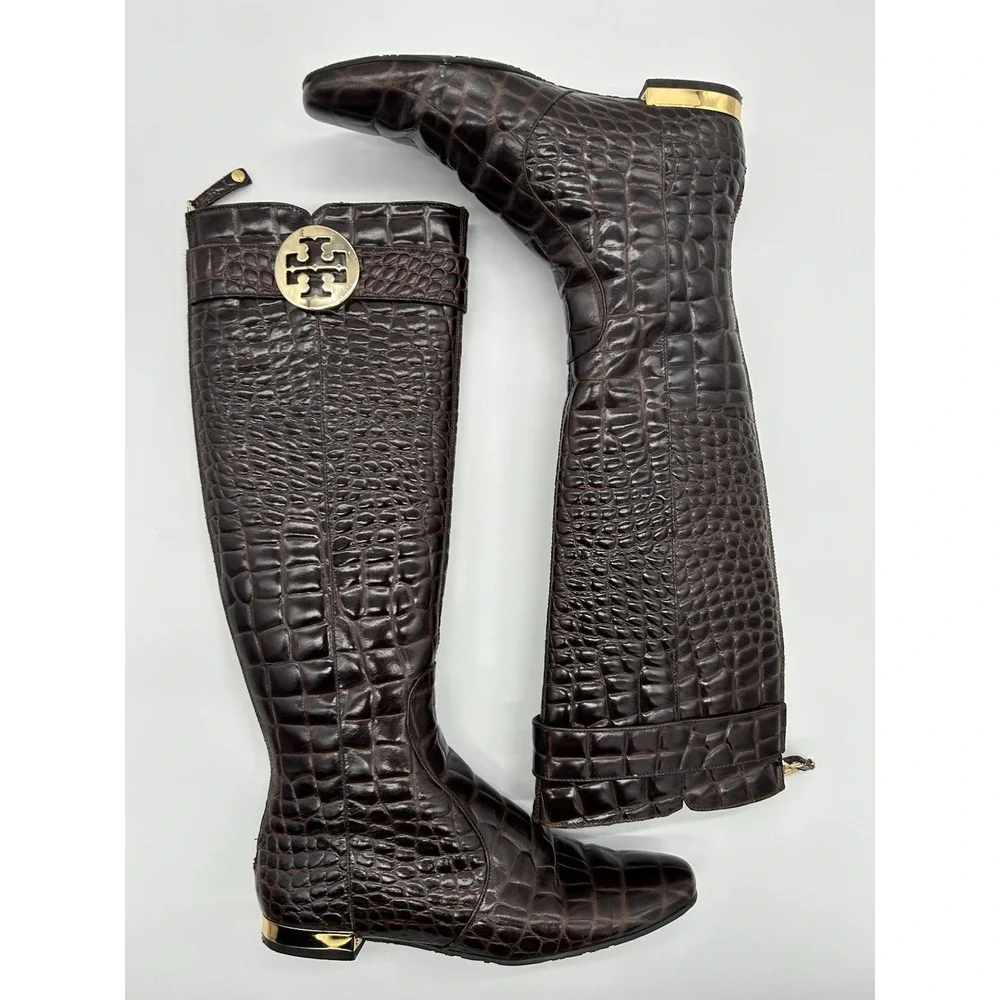 Tory Burch Brown Crocodile embossed leather riding boot Gold Heel & Logo Size‎ 7